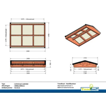 Lichtstraat zadeldak 2000mm, 1300mm diep incl. gelaagd isolatieglas en profielen