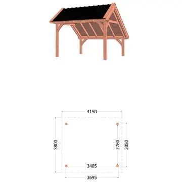 Kapschuur de Hoeve XL 415x380x345 cm (bxdxh) - tekening met afmetingen