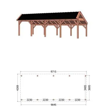 Kapschuur de Stee 980x425x335 cm (bxdxh) - tekening met afmetingen 
