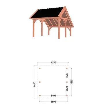 Kapschuur de Hoeve XL 415x440x375 cm (bxdxh) - tekening met afmetingen