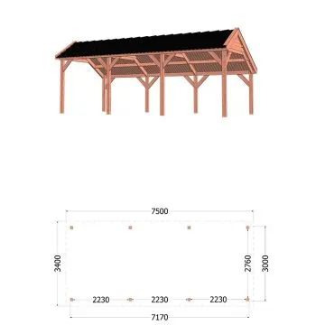 Kapschuur de Deel 750x340x300 cm (bxdxh) - tekening met afmetingen