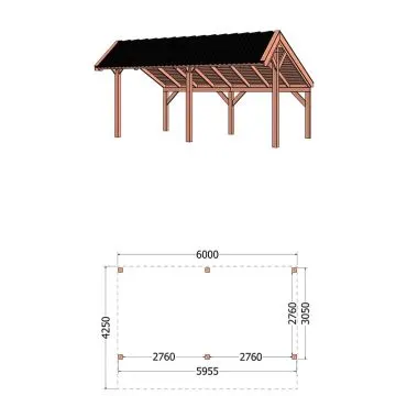 Kapschuur de Heerd 600x425x335 cm (bxdxh) - tekening met afmetingen