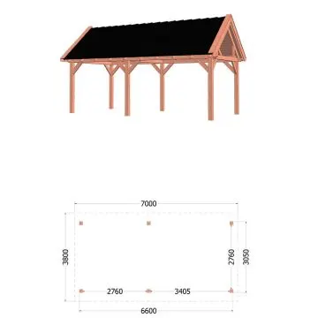 Buitenverblijf Zadeldak XL 700x380x395 cm (bxdxh) - tekening met afmetingen