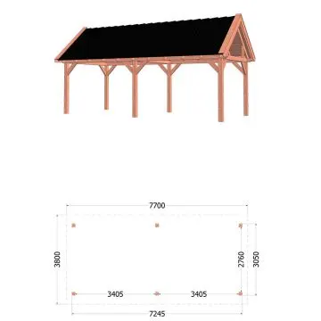 Buitenverblijf Zadeldak XL 770x380x395 cm (bxdxh) - tekening met afmetingen