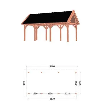 Buitenverblijf Zadeldak XL 710x380x395 cm (bxdxh) - tekening met afmetingen