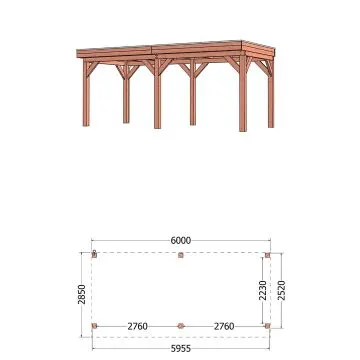 Buitenverblijf Refter XL 600x285x260 cm (bxdxh) - tekening met afmetingen 