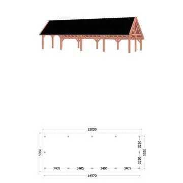Kapschuur de Hofstee XXL 1505x595x460 cm (bxdxh) - tekening met afmetingen
