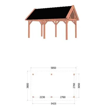 Buitenverblijf Zadeldak XL 585x380x395 cm (bxdxh) - tekening met afmetingen