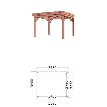 Buitenverblijf Refter XL 375x340x260 cm (bxdxh) - tekening met afmetingen 
