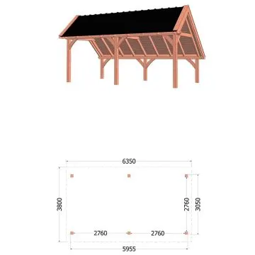 Kapschuur de Hoeve XL 635x380x345 cm (bxdxh) - tekening met afmetingen 