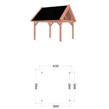 Buitenverblijf Zadeldak XL 415x440x425 cm (bxdxh) - tekening met afmetingen