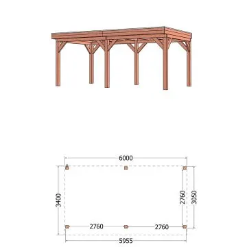 Buitenverblijf Refter XL 600x340x260 cm (bxdxh) - tekening met afmetingen 