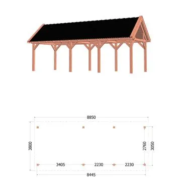 Buitenverblijf Zadeldak XL 885x380x395 cm (bxdxh) - tekening met afmetingen