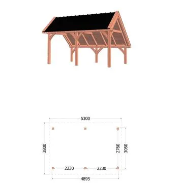 Kapschuur de Hoeve XL 530x380x345 cm (bxdxh) - tekening met afmetingen