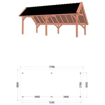 Kapschuur de Hoeve XL 770x380x345 cm (bxdxh) - tekening met afmetingen