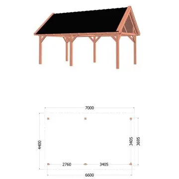 Buitenverblijf Zadeldak XL 700x440x425 cm (bxdxh) - tekening met afmetingen