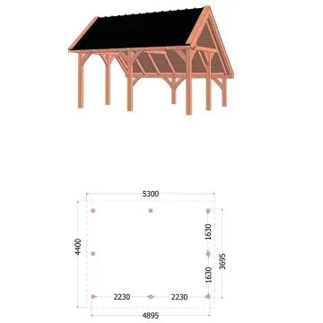 Kapschuur de Hoeve XL 530x440x375 cm (bxdxh) - tekening met afmetingen