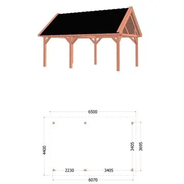 Buitenverblijf Zadeldak XL 650x440x425 cm (bxdxh) - tekening met afmetingen