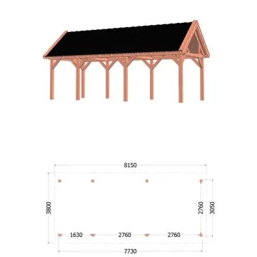 Buitenverblijf Zadeldak XL 815x380x395 cm (bxdxh) - tekening met afmetingen