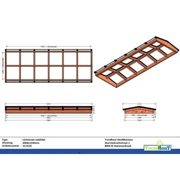 Lichtstraat zadeldak 4466mm, 1536mm diep incl. gelaagd isolatieglas en profielen