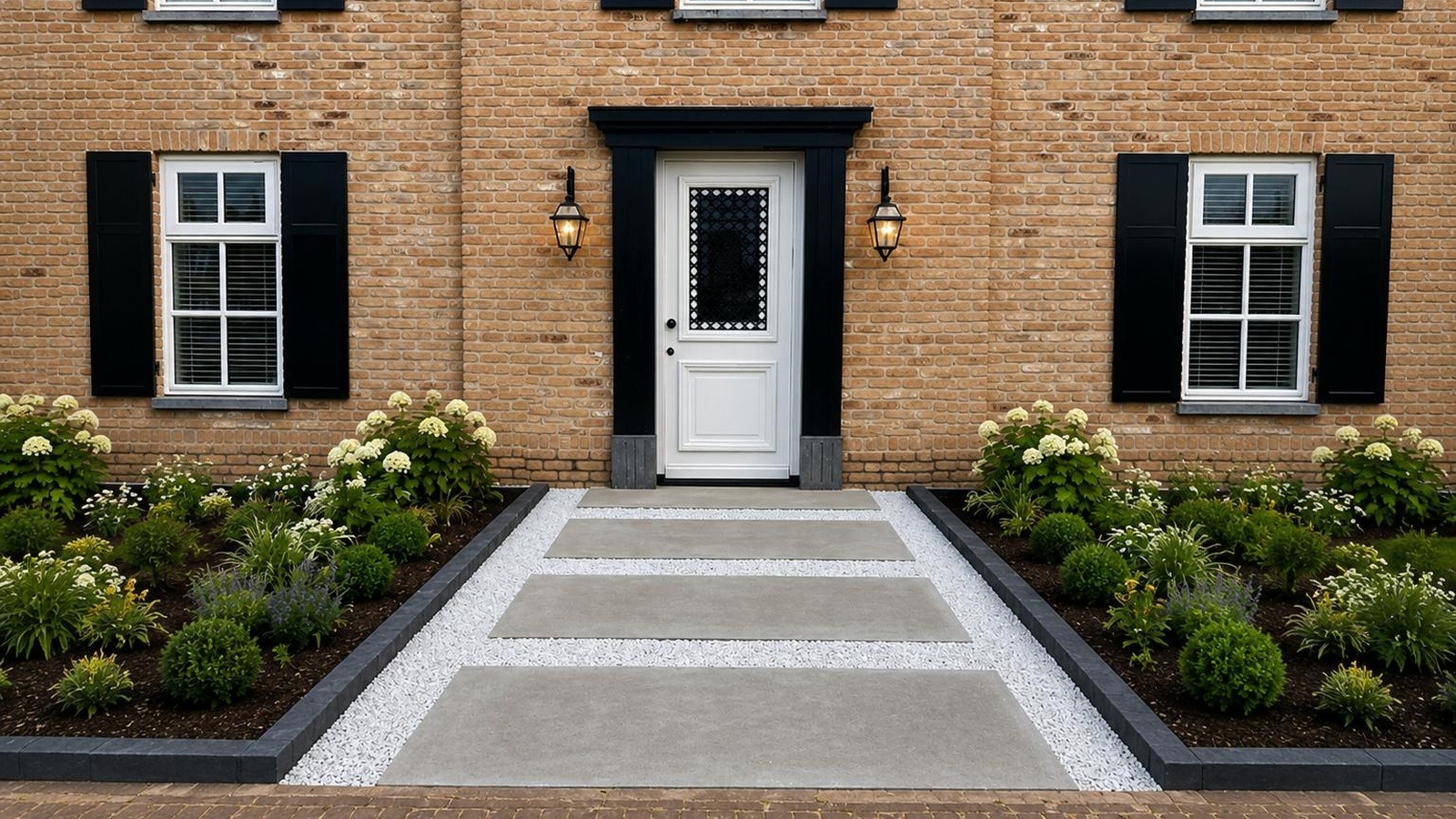 Voortuin met Oud Schellevis tegels en Icy Blue Split